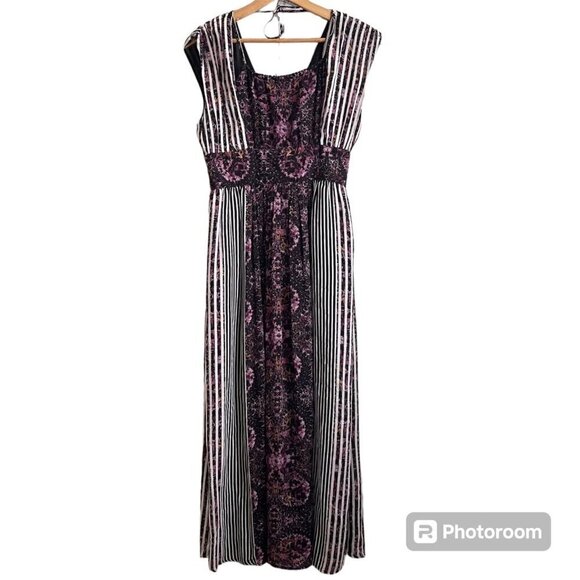Free People Womens Midi Dress Sz 2 Cut Out Stripe Floral Boho Beachy Mixed Media - Picture 1 of 8